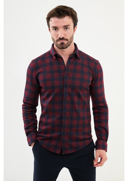 Kareli Bordo Slim Fit Yün Erkek Gömlek