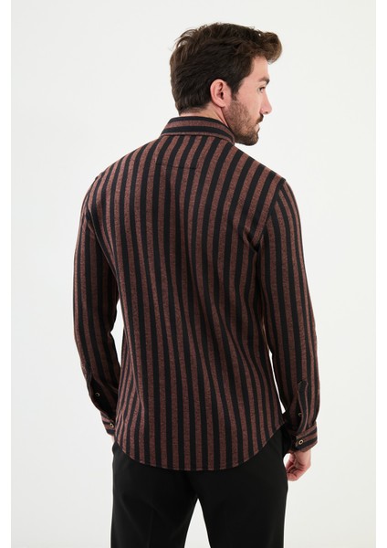 Çizgili Kiremit Rengi Slim Fit Yün Erkek Gömlek modelleri