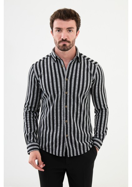 Çizgili Gri Slim Fit Yün Erkek Gömlek
