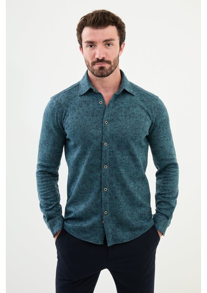 Desenli Yeşil Slim Fit Yün Erkek Gömlek