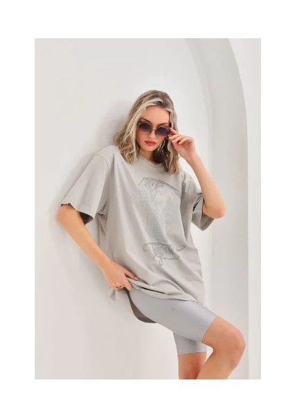 Unisex Taş Desenli Oversize T-Shirt - Gri