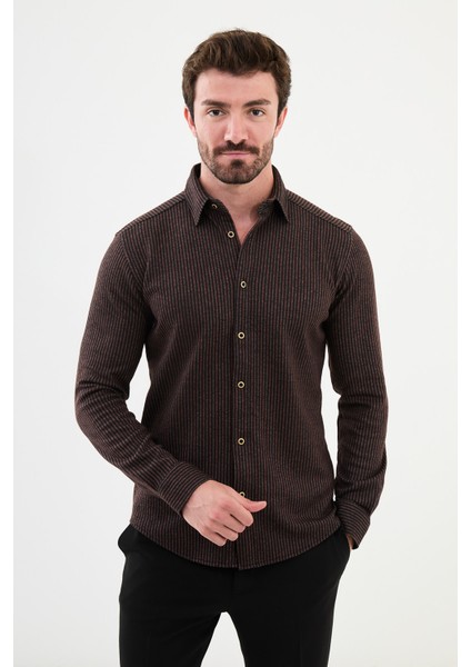 Çizgili Kiremit Rengi Slim Fit Yün Erkek Gömlek