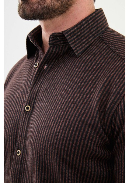 Çizgili Kiremit Rengi Slim Fit Yün Erkek Gömlek fiyatları