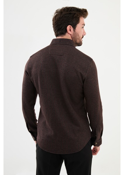 Çizgili Kiremit Rengi Slim Fit Yün Erkek Gömlek modelleri