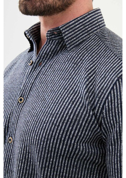 Çizgili Lacivert Slim Fit Yün Erkek Gömlek
