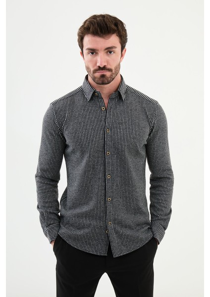 Çizgili Siyah Slim Fit Yün Erkek Gömlek
