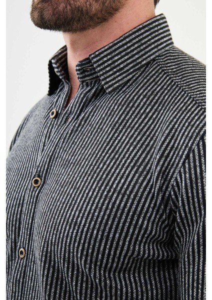 Çizgili Siyah Slim Fit Yün Erkek Gömlek