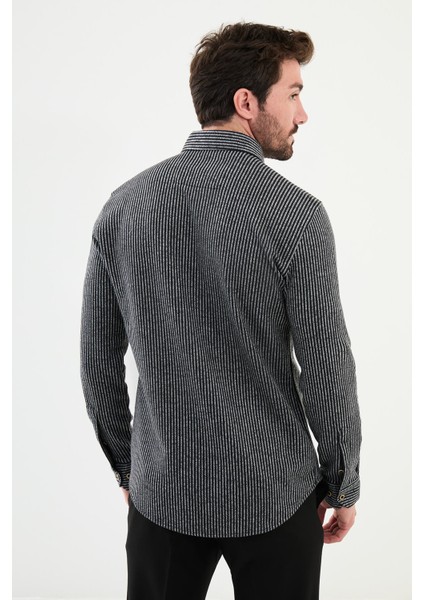 Çizgili Siyah Slim Fit Yün Erkek Gömlek