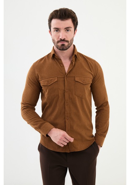Çizgili Kamel Rengi Slim Fit Kadife Erkek Gömlek
