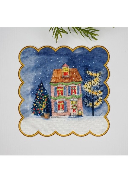 Sevimli Yılbaşı Evi Suluboya Desenli Dijital Baskılı Nakışlı Kokteyl Peçetesi