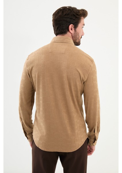Desenli Bej Slim Fit Erkek Gömlek