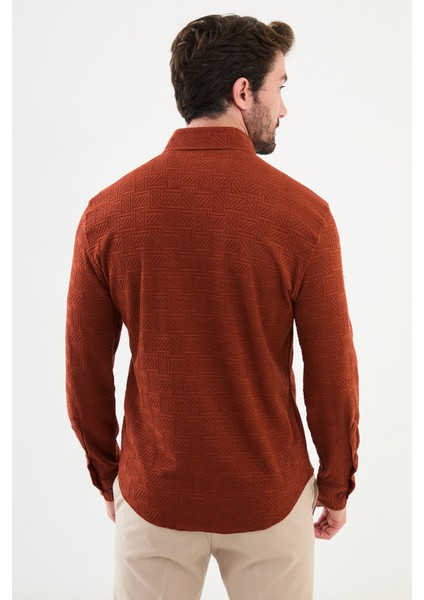 Desenli Kiremit Rengi Slim Fit Erkek Gömlek modelleri