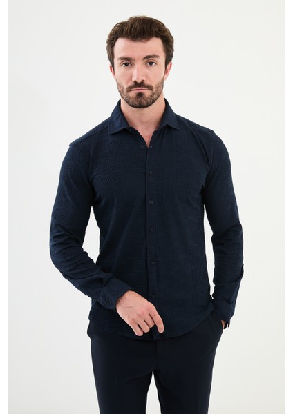 Desenli Lacivert Slim Fit Erkek Gömlek