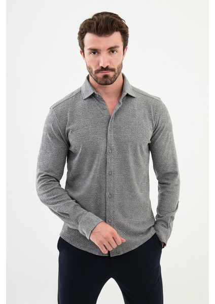 Desenli Gri Slim Fit Erkek Gömlek