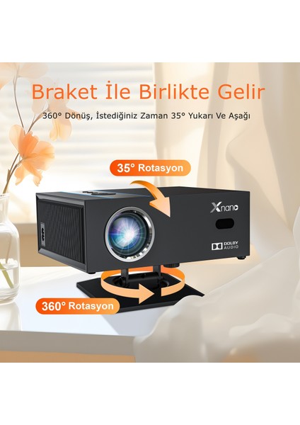X6 1080P Full Hd LED Projeksiyon, 4K Desteği, Android, Wi-Fi, Bt 5.2, Otomatik Odaklama, 30000 Lümen Siyah