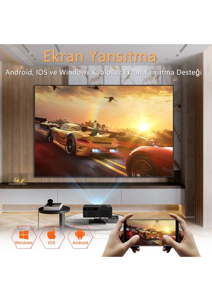 X6 1080P Full Hd LED Projeksiyon, 4K Desteği, Android, Wi-Fi, Bt 5.2, Otomatik Odaklama, 30000 Lümen Siyah