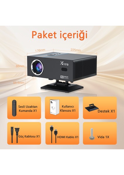 X6 1080P Full Hd LED Projeksiyon, 4K Desteği, Android, Wi-Fi, Bt 5.2, Otomatik Odaklama, 30000 Lümen Siyah