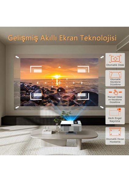 X6 1080P Full Hd LED Projeksiyon, 4K Desteği, Android, Wi-Fi, Bt 5.2, Otomatik Odaklama, 30000 Lümen Siyah