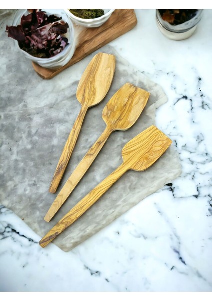 Zeytin Ağacı Doğal El Yapımı Tahta Kaşık Spatula Seti 3 Parça Ahşap Yemek Servis Seti