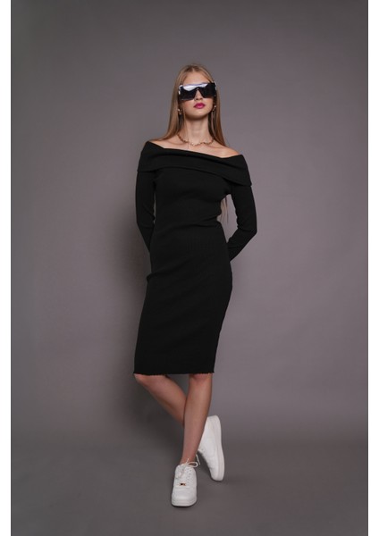 Kadın Kayık Yaka Kaşkorse Bodycon Elbise 22542 Siyah modelleri