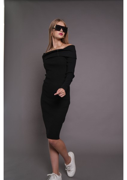 Kadın Kayık Yaka Kaşkorse Bodycon Elbise 22542 Siyah fırsatları