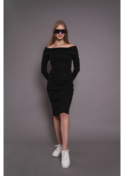 Kadın Kayık Yaka Kaşkorse Bodycon Elbise 22542 Siyah indirimleri