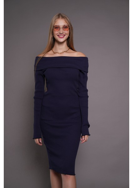 Kadın Kayık Yaka Kaşkorse Bodycon Elbise 22542 Lacivert