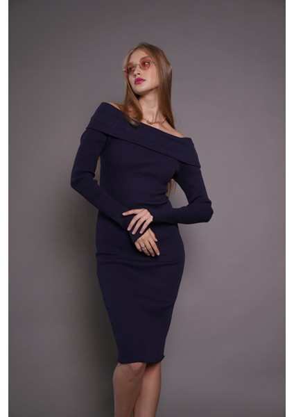 Kadın Kayık Yaka Kaşkorse Bodycon Elbise 22542 Lacivert modelleri