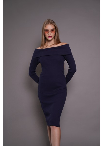 Kadın Kayık Yaka Kaşkorse Bodycon Elbise 22542 Lacivert indirimleri