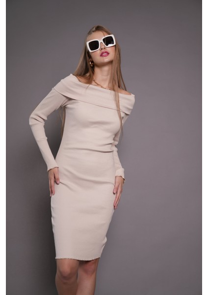 Kadın Kayık Yaka Kaşkorse Bodycon Elbise 22542 Bej fiyatları
