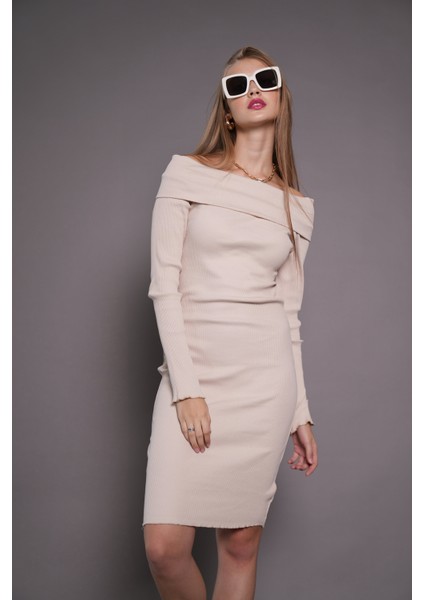 Kadın Kayık Yaka Kaşkorse Bodycon Elbise 22542 Bej modelleri