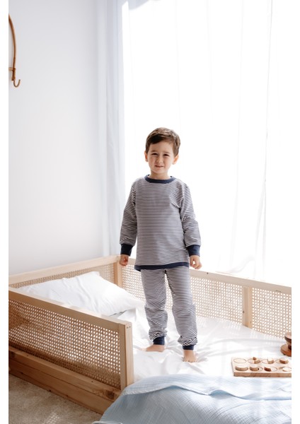 0.5 Tog - %100 Organik Pamuk Çocuk Pijama Takımı - Çizgi Desenli