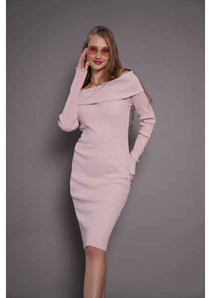 Kadın Kayık Yaka Kaşkorse Bodycon Elbise 22542 Pudra