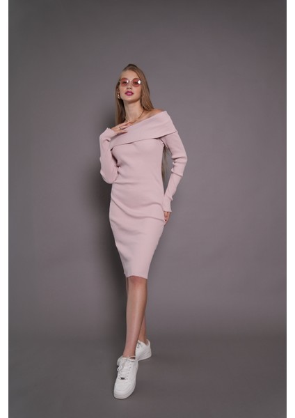 Kadın Kayık Yaka Kaşkorse Bodycon Elbise 22542 Pudra indirimleri