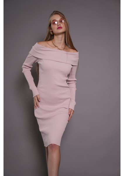 Kadın Kayık Yaka Kaşkorse Bodycon Elbise 22542 Pudra modelleri