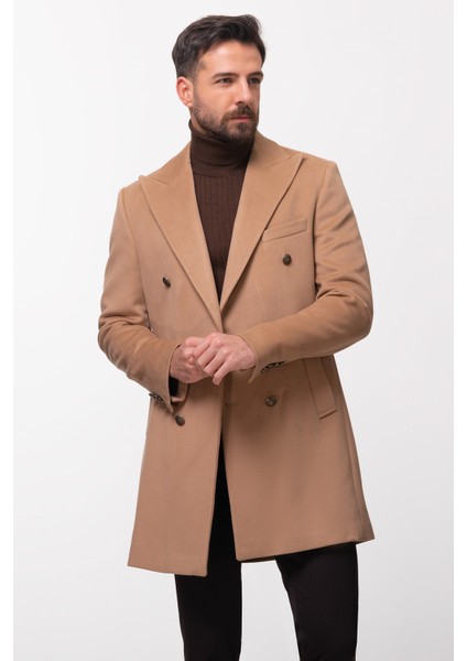 Düz Bej Rengi Slim Fit Geniş Yaka Yün Erkek Kaban fiyatları