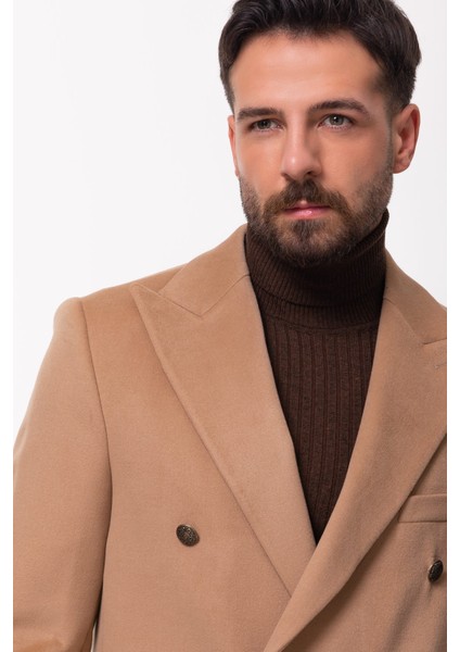 Düz Bej Rengi Slim Fit Geniş Yaka Yün Erkek Kaban modelleri