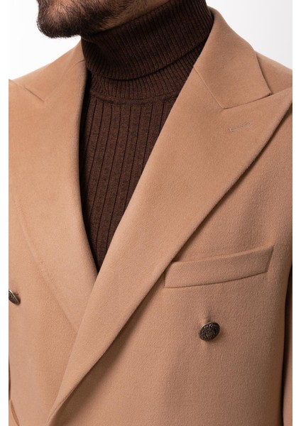 Düz Bej Rengi Slim Fit Geniş Yaka Yün Erkek Kaban indirimleri