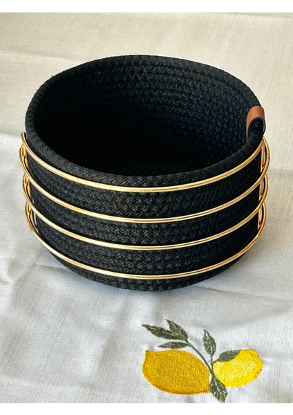 Altın Yuvarlak Ekmek Sepeti Şık,örmeli Siyah Makrome-Çok Amaçlı Metal Paslanmaz