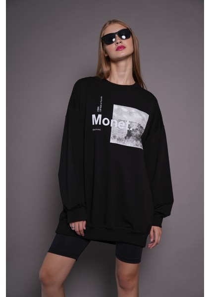 Kadın Oversize Baskılı Uzun Sweatshirt 24539 Siyah