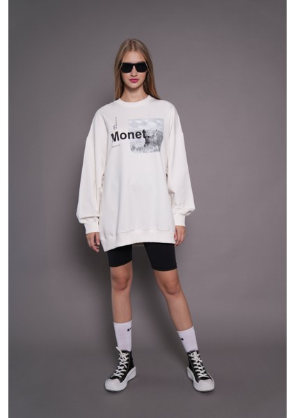 Kadın Oversize Baskılı Uzun Sweatshirt 24539 Ekru