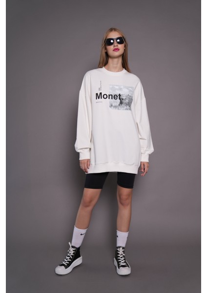Kadın Oversize Baskılı Uzun Sweatshirt 24539 Ekru