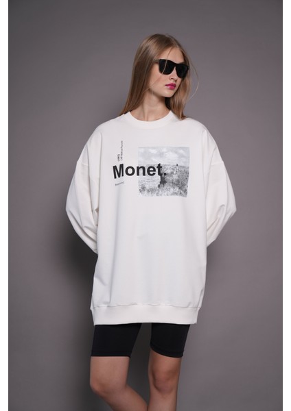 Kadın Oversize Baskılı Uzun Sweatshirt 24539 Ekru