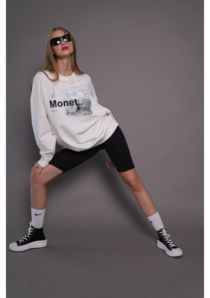 Kadın Oversize Baskılı Uzun Sweatshirt 24539 Ekru
