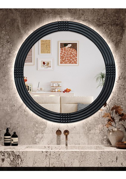 Led'li Işıklı Safir Ahşap Siyah Dekoratif Yuvarlak Ayna İşlemeli Ahşap Banyo Aynası Duvar Aynası Tekli