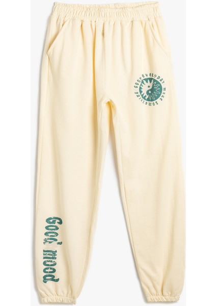 Jogger Eşofman Altı Beli Bağlamalı Cepli Baskılı Şardonlu Pamuklu