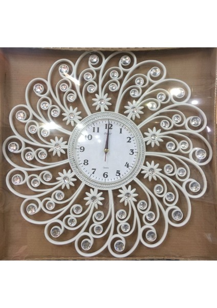 Salon Tipi Beyaz Taşlı Duvar Saati 54 cm