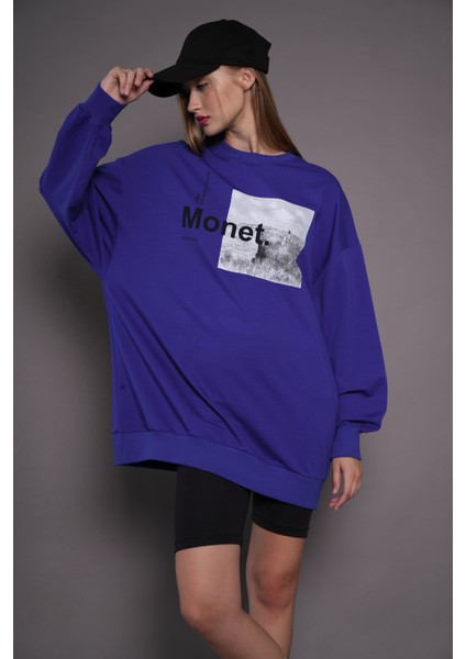 Kadın Oversize Baskılı Uzun Sweatshirt 24539 Sax