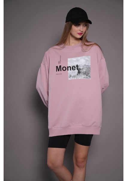 Kadın Oversize Baskılı Uzun Sweatshirt 24539 Gül Kurusu