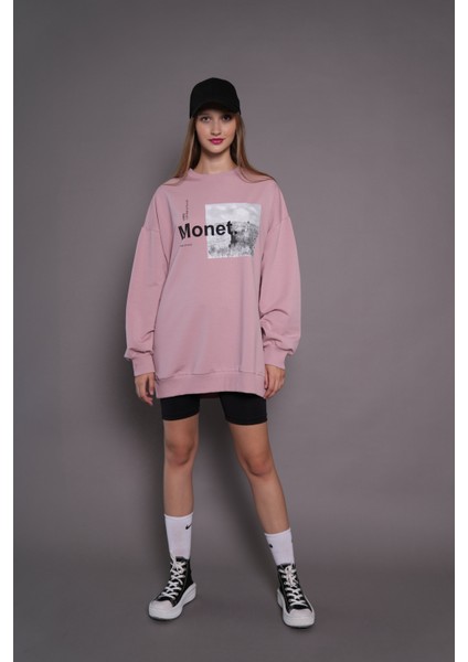 Kadın Oversize Baskılı Uzun Sweatshirt 24539 Gül Kurusu